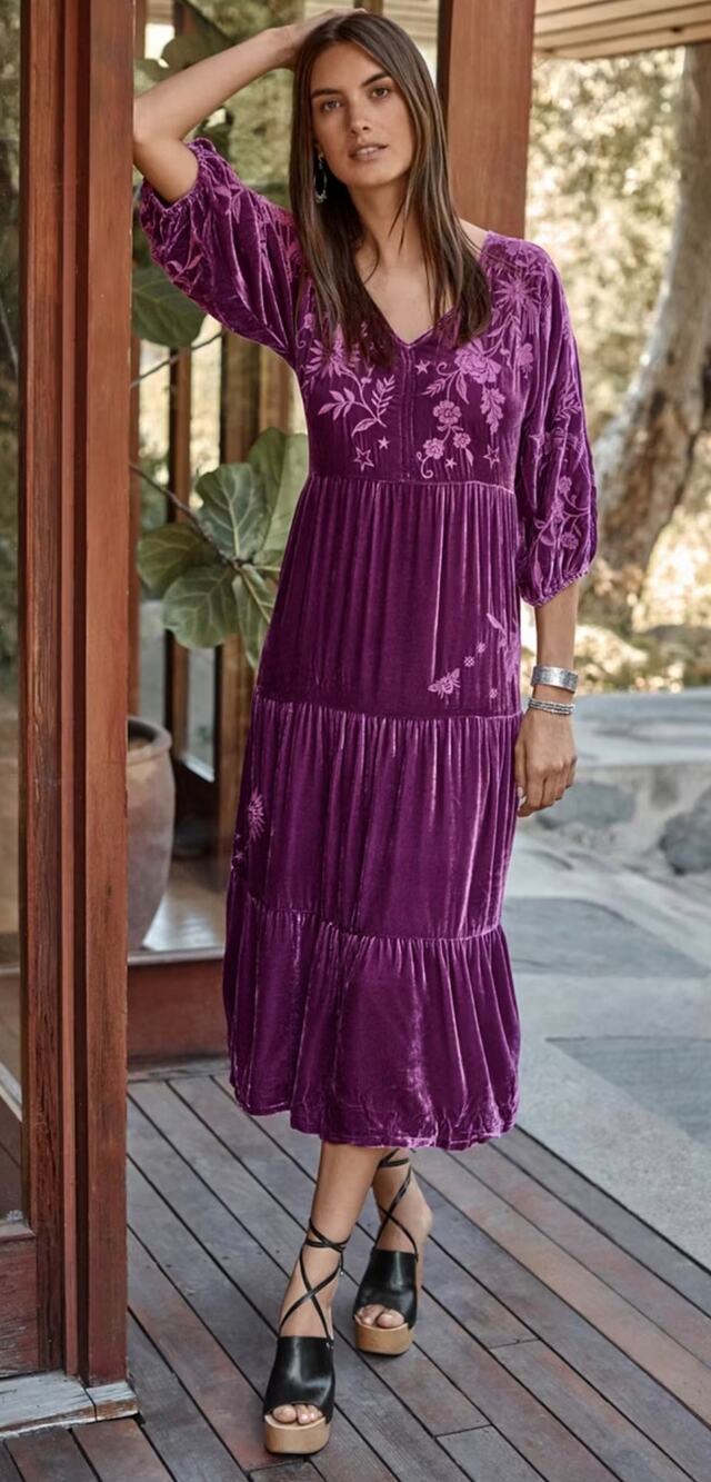 Johnny Was Dolman Tiered Dress Dark Purple Velvet V Neck Puff Sleeve size Small